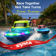 Load image into Gallery viewer, SYMA 2 Pack RC Boats for Kids 8-12, Remote Control Racing Boat Set for Pool with LED Lights,40 Mins Playtime(2 Batteries) and One-Key Water Spay, Summer Gifts Toys for Boys and Girls